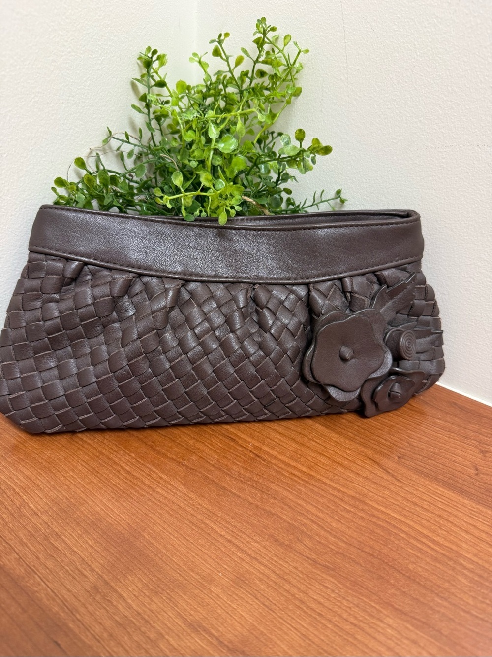 Lord & Taylor Dark Brown Woven Leather Floral Clutch